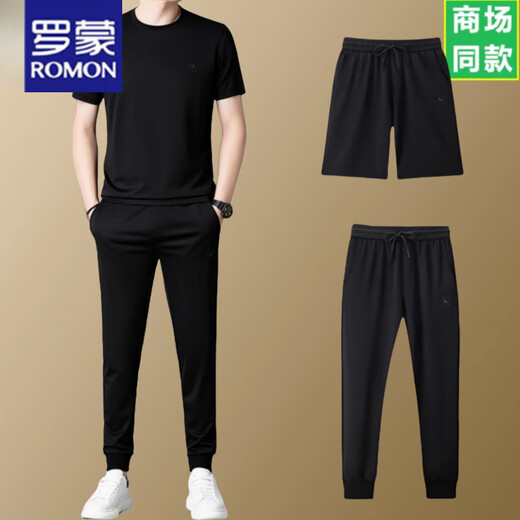罗蒙（ROMON）短袖T恤男士圆领休闲运动透气两件套装夏季2025新款长裤套装 白色上衣-13601 M 165