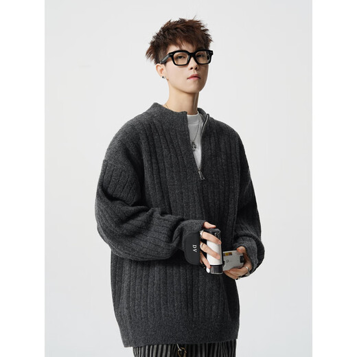 QUOU American half-zip sweater for men and women in winter loose and lazy cleanfit thickened sweater Henry collar jacket apricot 3XL