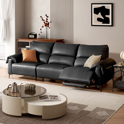 Gujia Home [full leather version] 0 wall-facing electric sofa with hanging ears handrail Italian top layer cowhide sofa living room 6212Q [Phantom Black] Four-person dual electric 3.54M