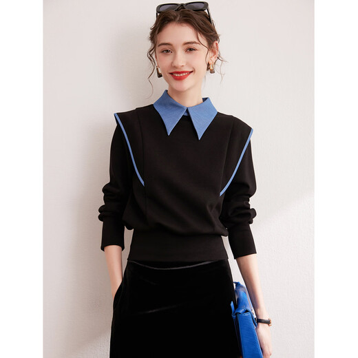 Bailuyu Contrast Color Splicing Fake Two-piece Sweatshirt Autumn New Fashion Pullover Small Flying Sleeves Top for Women Black XL
