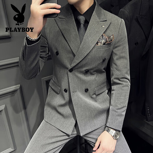 Playboy (PLAYBOY) high-end double-breasted suit men's suit business casual formal British style groom wedding dress three-piece set medium gray (suit + vest + trousers) XL 52