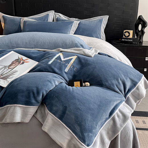 Nanjiren Jiangsu Nantong milk velvet four-piece set Class A maternal and infant grade double-sided velvet baby velvet coral velvet wide-brimmed quilt cover Maria Velvet - Bentley Blue + Star Gray Sheet Style 1.8m Four-piece Set - Quilt Cover 200x230cm
