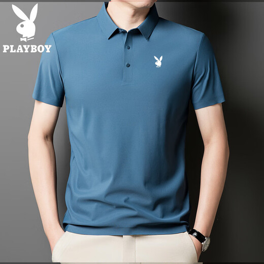 Playboy (PLAYBOY) high-end men's short-sleeved POLO shirt 2025 summer new ice silk traceless T-shirt top fashion trend dark gray-12358-ice silk POLO shirt L 110-125Jin [Jin equals 0.5 kg]