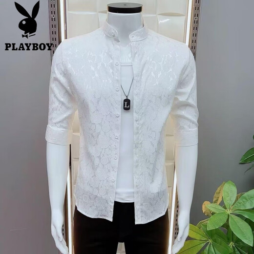 Playboy (PLAYBOY) trendy and versatile new jacquard fashion mid-sleeved shirt men's Korean casual simple shirt summer handsome slim 687 fashion black shirt XL suitable for 116-125 Jin [Jin equals 0.5 kg]