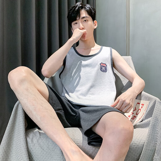 Summer en coton pur pyjamas pour hommes en deux pièces lâche et décontracté en deux pièces fine les vêtements de maison sans manches d'âge moyen H9928 Shorts à manches courtes l recommandés 100-120jin [Jin est égal à 0,5 kg]