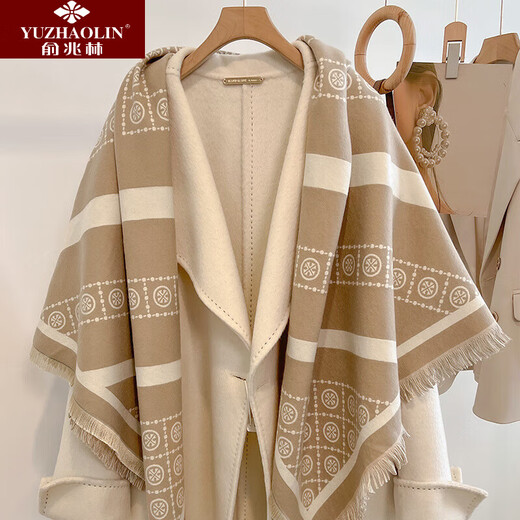 Yu Zhaolin brand 2025 new large square scarf shawl for women with autumn and winter imitation wool scarf dual-purpose thickened warm cloak annual ring khaki