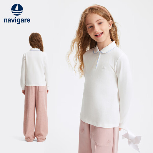 Navigare children's bottoming shirt New Year girls POLO shirt long-sleeved T-shirt student white shirt versatile Senna mist white 165