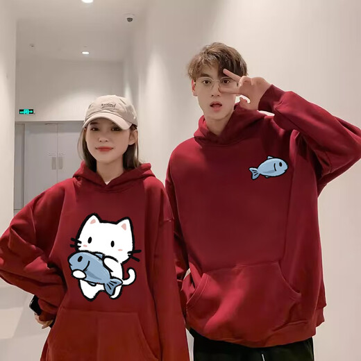 MDlila <Two-piece> Couple's Sweatshirt Autumn and Winter Suit Red One Man and One Woman Loose Hooded Jacket Fish-Eating Cat Male Black + Female Black (Spring and Autumn Style) XL Male + Female M