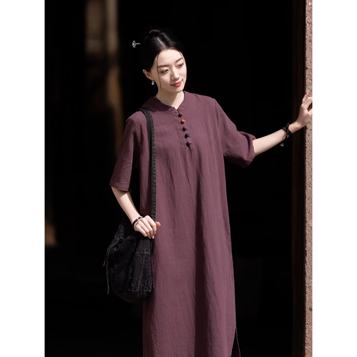 Deutsche Qualität Zen Kleidung Neues chinesisches Stil Buddhist Frauenkleidung Tee Kleidung verbesserte chinesische Stil-Blocking Lay Buddhist Kleidung Zen Robe Kleid Zen Purple Robe + Hanf mit weit lig