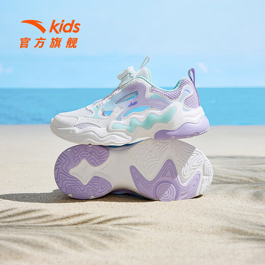 ANTA Children's Sandals, Girls' Shoes, 2025 Summer New Knob Buckle Breathable Frame Shoes, Baotou Beach Shoes Anta White/Light Mist Purple/Mint Blue-1 37