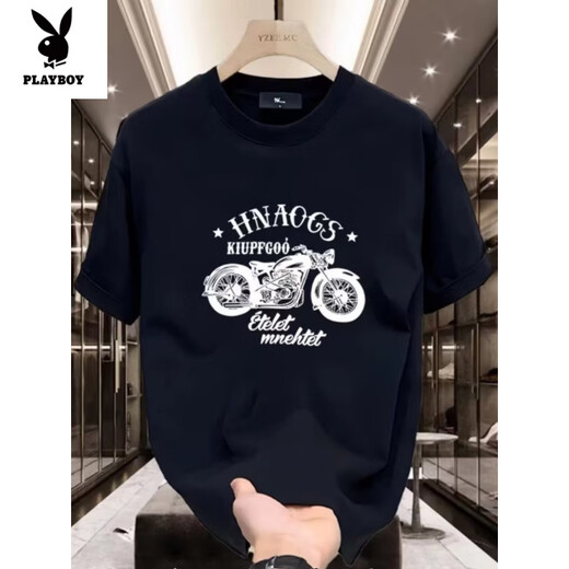 
Playboy (PLAYBOY) heavy fun short-sleeved T-shirt for men in summer pure cotton retro motorcycle printing front shoulder round neck half-sleeved T-shirt for men V683 black M