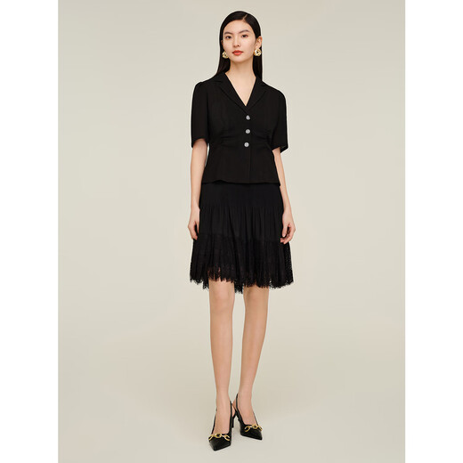 JUZUI commuting texture pleated suit jacket summer style JWDX40514 plain black M