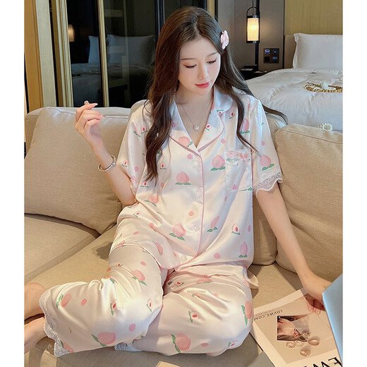 Langsha Peach Lace Pyjamas für Frauen im Sommer Ice Seidely Short-Ärmel-Hosen Süßes Zuhause YFY-9905# Kurzärmelige Hosen M Empfohlen 80-100jin [Jin ist 0,5 kg]