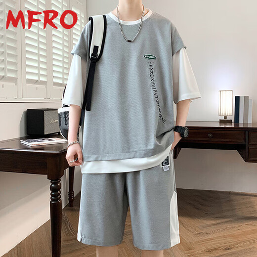 Mfro gefälschte zweiteilige T-Shirt Herren-Sommeranzug New American Lose Casual Shorts Zwei-teilige runde Hals-vielseitige Kurzärmel-Männer 686 Peacock Blue Anzug M ca.