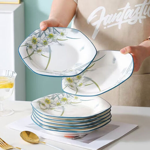 Underglaze color simple Chinese-style narcissus 6-corner plate high-end special-shaped plate household ceramic tableware set Narcissus 6-corner plate 1 piece