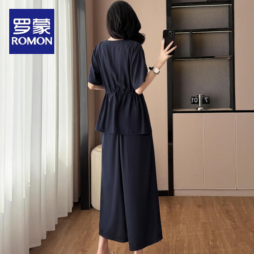 罗蒙（ROMON）宽松遮肉套装女夏款时尚减龄天丝短袖上衣+九分阔腿裤两件套 黑色两件套 2XL 【135-155斤】