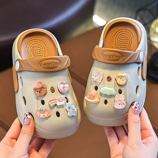 Eva Sommer neuer zweifarbiger süßer Cartoon Boy and Girl Loch Schuhe Nicht schlupfende Kee-resistente atmungsaktive Heimlochschuhe Khaki [Kristall] 26 Innere Länge 17 cm