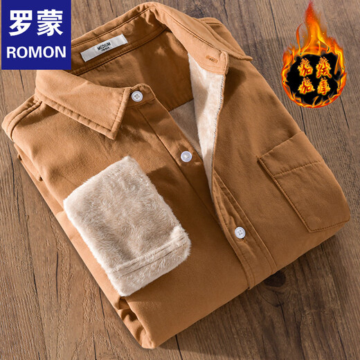 ROMON new winter thickened velvet men's shirt casual, simple and versatile pure cotton warm and cold youth shirt khaki L