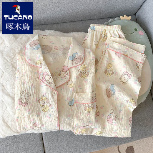 啄木鸟mikko睡衣女款夏季纯棉纱布短袖ins日系可爱春秋天家居服三件套装 云朵棉-9902#星星KT猫三件套 XL 女【建议115-140斤】