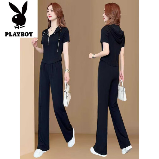 花花公子（PLAYBOY）小香风运动服套装女2025夏季新款时髦感上衣垂感阔腿裤两件套 黑色【上衣+裤子】好质量套装-旗 M 【建议80-95斤】