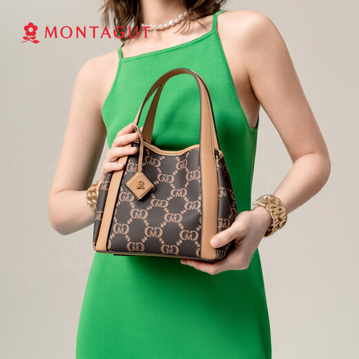 梦特娇（MONTAGUT）女包新款时尚通勤复古老花水桶包单肩斜挎包女 曜石黑