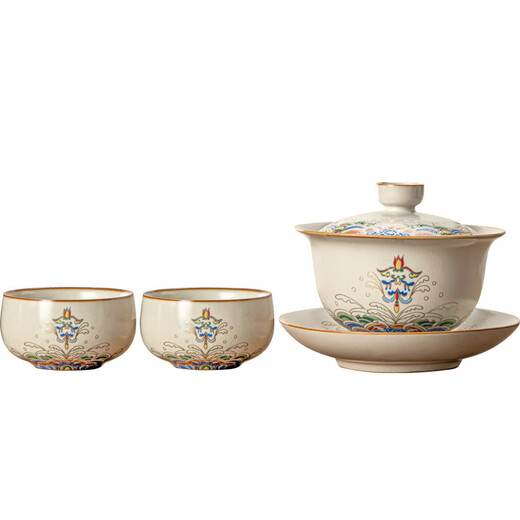 
Pang Donglai New Chinese Huangru Kiln Jianghai Wuyao Cover Bowl Set Sancai Cover Bowl Home Kung Fu Tea Set is available for home use ZH-17087 Huangru Kiln Jianghai Wuyao Cover Bowl Two Cups 3-piece Set + rectangular Others