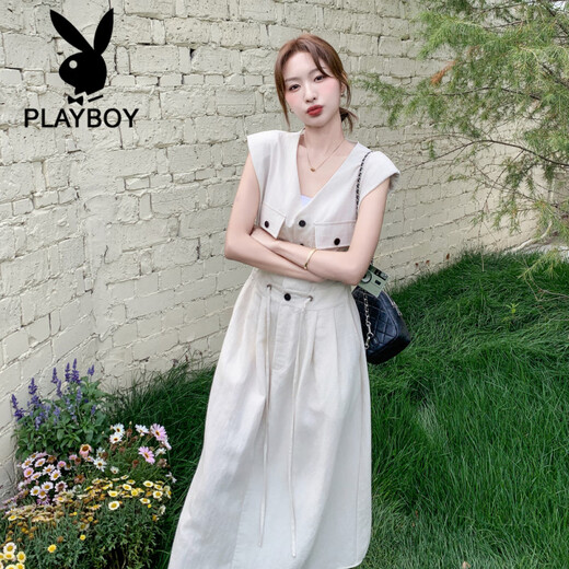
Playboy (PLAYBOY) white beautiful temperament big heroine dress for women 2025 summer new waist-hugging sleeveless shirt skirt white L