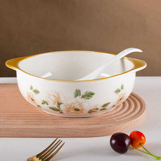 Ceramic double-eared bowl, new large size household anti-scalding underglaze colored water-boiled fish large dish basin, good-looking soup bowl with white spoon, Camellia 2-piece set, 10.5-inch double-eared bowl, 1 pack + 1 white spoon