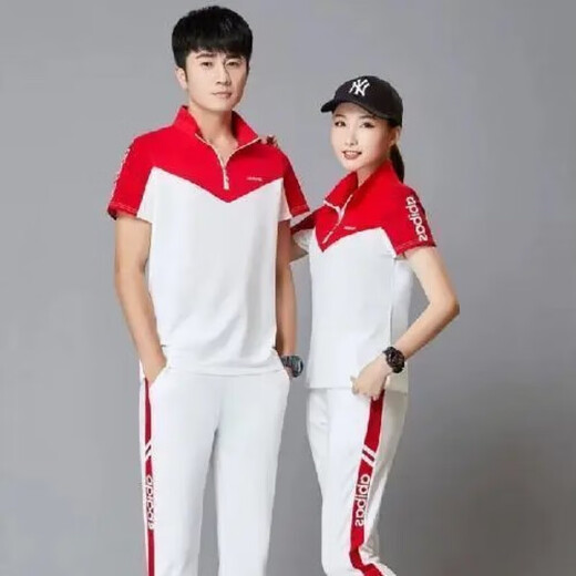 NSFK新款休闲纯棉夏情侣健身跑步广场舞两件套短袖长裤运动男女套装 F7027  高质量 红拼黑 4XL 【男款1套】