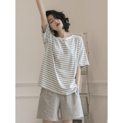 Calculat&Keen（CALCULAT&KEEN） CK2025年新款睡衣女夏季纯 棉短袖两件套夏天条纹可外穿家居服 YZT9853 M 女款建议80-100斤