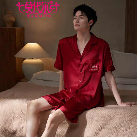 Modal [2 sets] pareja pijamas verano mujeres hielo seda seda pura sexy camisón con almohadilla de pecho traje de ropa para hombres d698 mangas cortas-burdy un hombre y una mujer m hembra + macho l