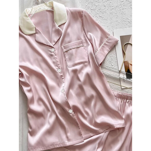 VS简约纯色冰丝睡衣女夏2025新款短袖粉色轻奢感家居服套 11/9226黑猫双短 M (建议80-100斤)