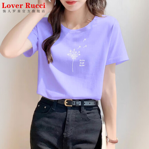 LOVER RUCCI reine Baumwolle helllila T-Shirt Damen Kurzarm locker lässig kreatives Temperament T-Shirt mit rechter Schulter Sommer 2025 neues Top 6172 helllila Kurzarm M (empfohlen 80-105Jin Jin entspricht 0,5 kg)