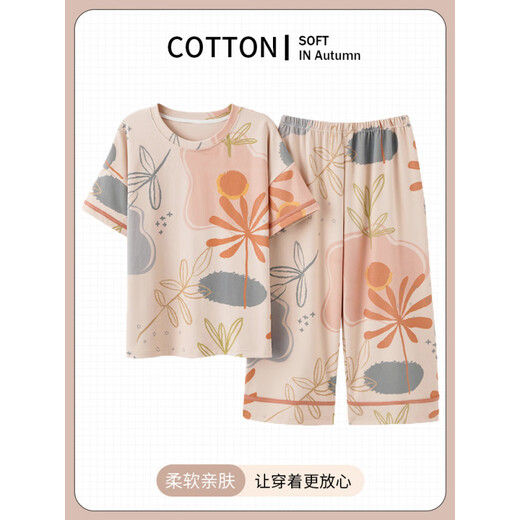 Cat Man Pure Cotton Pyjamas Frauen 2025 Sommer Neues Frauen Kurzarm geschnittene Hosen Set Summer Elegant Home Anzug Sommer Hauptbildmodell Yr: 6278 Aprikosenblatt Farbe Block Short M [weiche und hautfreundliche, komfortable reine Baumwolle]