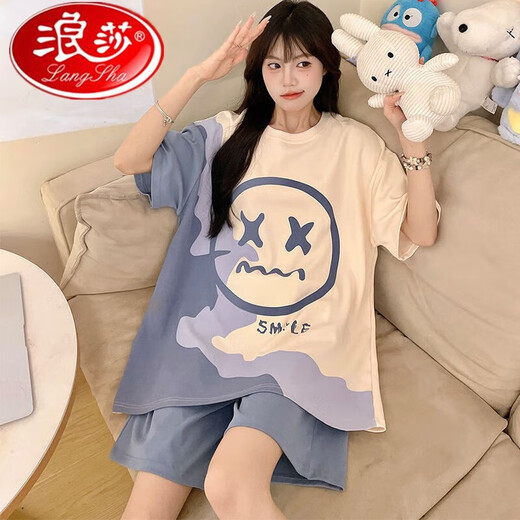 浪莎特大码睡衣女夏款2025新款夏季短袖短裤甜美两件套学生女家居服套 273#蓝笑脸+693黑笑脸 M码建议[70-95斤] 均码