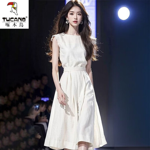 啄木鸟法式小香风白色收腰连衣裙新款高级减龄气质御姐无袖显瘦夏季裙子 白色 L 【建议110-125斤】