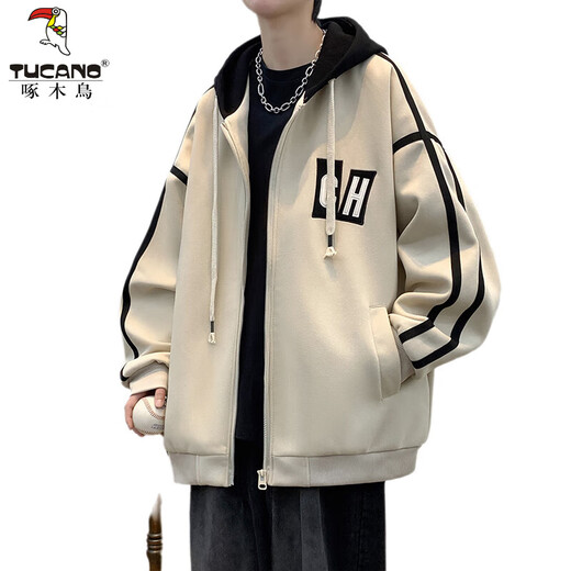 Woodpecker (TUCANO) 2025 Spring and Autumn Jacket Men's Hooded Student Baseball Casual All-Match Jacket Boys Junior High School Jacket Men's 10740-JK008 Off-white XL 120-140Jin Jin equals about 0.5 kg