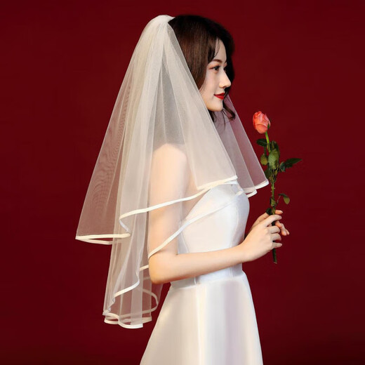 嘉宴新款韩式小头纱领证拍照头纱新娘结婚配饰影楼写真头纱多层蓬蓬款 小短款头纱白色发夹款 60cm-80cm