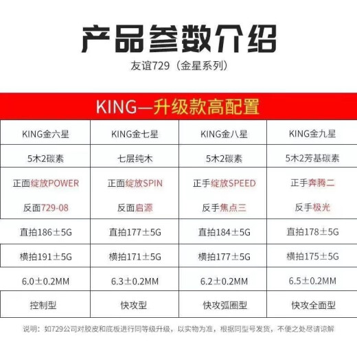 729金标9星乒乓球拍KING六星7星金8星单拍专业级弹力成品拍直横拍 9星 横拍 king金七星1只(送大礼包)