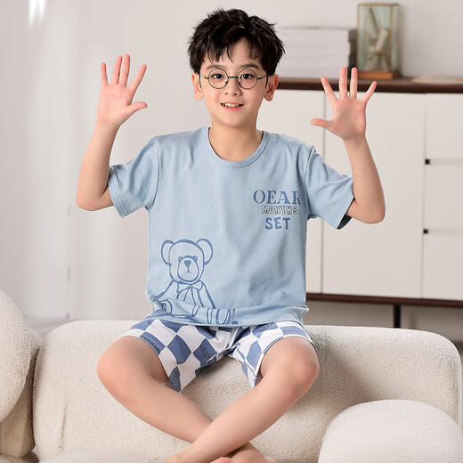 曼妮朵儿童睡衣夏季纯棉短袖长裤可爱卡通青少年学生男孩男童薄款家居服 F724【双短】 110 10码建议105-115cm