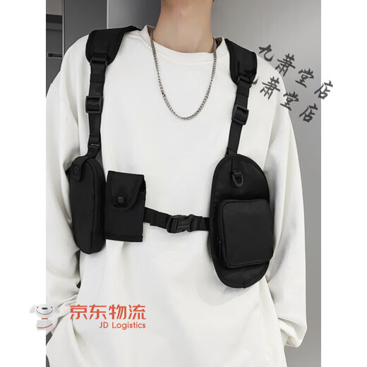 Super cool multi-pocket vest bag, takeaway riding hip-hop functional style chest bag, men's trendy workwear tactical vest bag, black