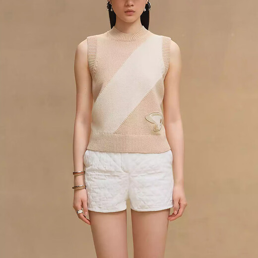 Hermes (HERMES) Women's Sweater Candy Libris Embroidery Patch Cotton Silk Blended Round Neck Sleeveless Pullover 2025 New Style Beige 34