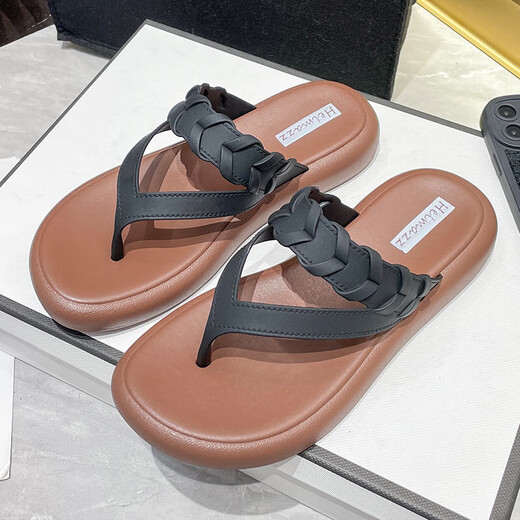 语森忆夹脚拖鞋女夏季外穿人字拖女厚底夏季外穿时尚防滑沙滩坡跟女士 3882-6黑色麻花 38 适合37码的脚