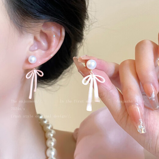 Pink bow imitation pearl earrings for women, light luxury and high-end back-hanging earrings, sweet pierced earrings, earrings, Parisian dance bow-ear clips