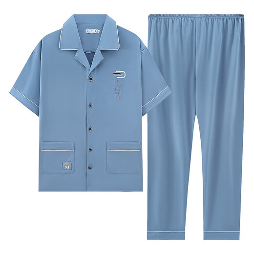 KuZHANG (KUZHANG) men's pajamas summer short-sleeved pure cotton thin loose plus size casual youth home clothing suit can be worn outside g3884 blue-short-sleeved trousers L Recommended 100-120Jin [Jin equals 0.5 kg]