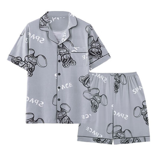 Mu Fengqing men's pajamas summer thin short sleeve shorts cartoon student teenager plus size summer home clothing set [HZ#3271] double short set M [70-100Jin[Jin equals 0.5 kg]]