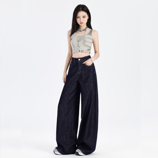 简方位深蓝美式宽松阔腿牛仔裤女2025年夏季新款垂感慵懒休闲拖地直筒裤 9893深蓝长裤 XS