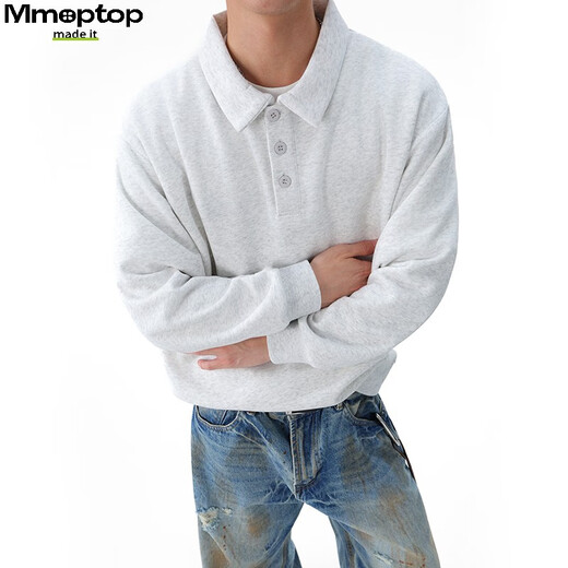MMOPTOP Japanese heavyweight Chinese cotton polo collar sweatshirt autumn and winter men's loose inner long-sleeved MWY21 white flower gray L