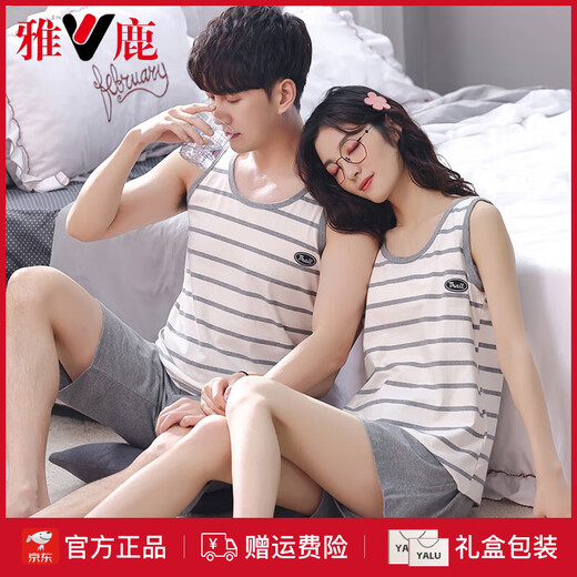 
Yalu summer pajamas couple outfit one men and women's refreshing vest set pure cotton pajamas women's new style 2025 summer LB:9906 men's apricot blue pants behind ducks pure cotton cover M [breathable pure cotton, skin-friendly and not stuffy]