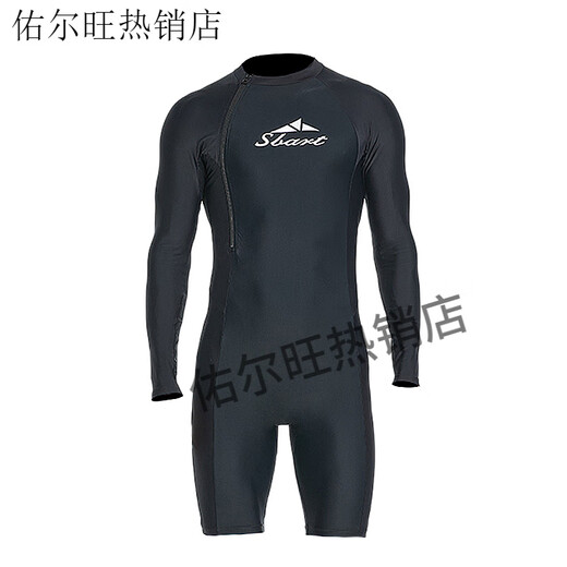 Sharbart men's long-sleeved sun protection one-piece wetsuit quick-drying high-elastic waterproof mother-in-law vacation front zipper surf swimsuit 1536 black and gray short one-piece_sun protection quick-drying L_55-60KG